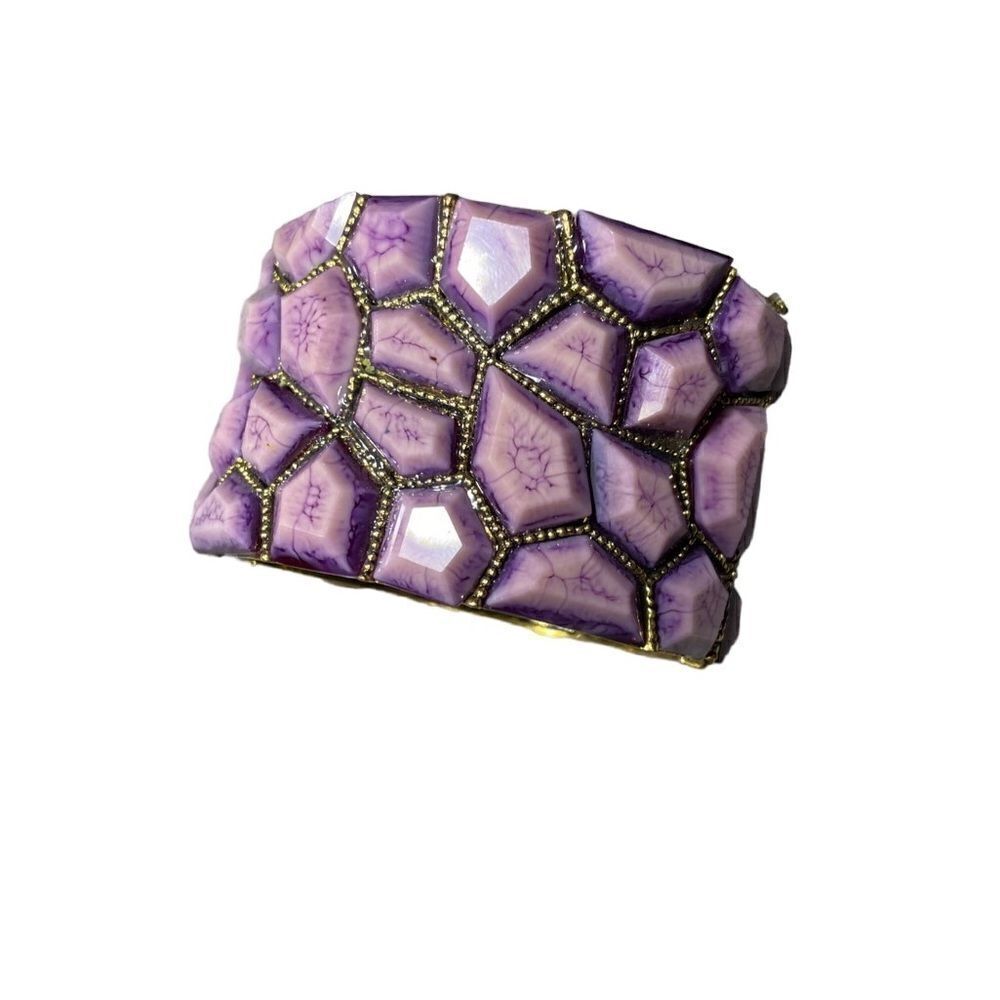 Amethyst-like Hinged Cuff Bracelet with Gold Trim